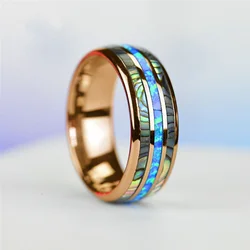 Elegant Rose Gold Tungsten Men's Wedding Ring with Abalone Shell & Blue Opal Inlay - 8 (Rose Gold Color)