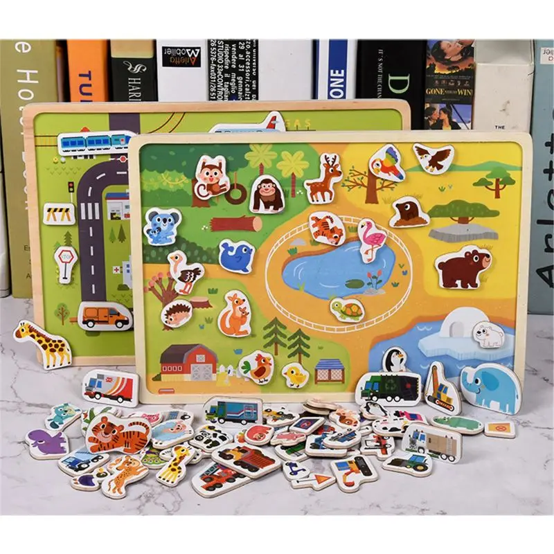 Новая деревянная магнитная головоломка с животными и дорожным автомобилем, Детская игра для раннего обучения, Обучающие игрушки, пазлы для детей
