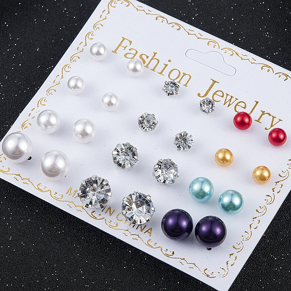 12 Pairs/Set Women's Pearl Flower Crystal Mix Design Studs Earrings Girls Elegant Gold Heart Ear Jewelry Gift Aretes De - Image 3