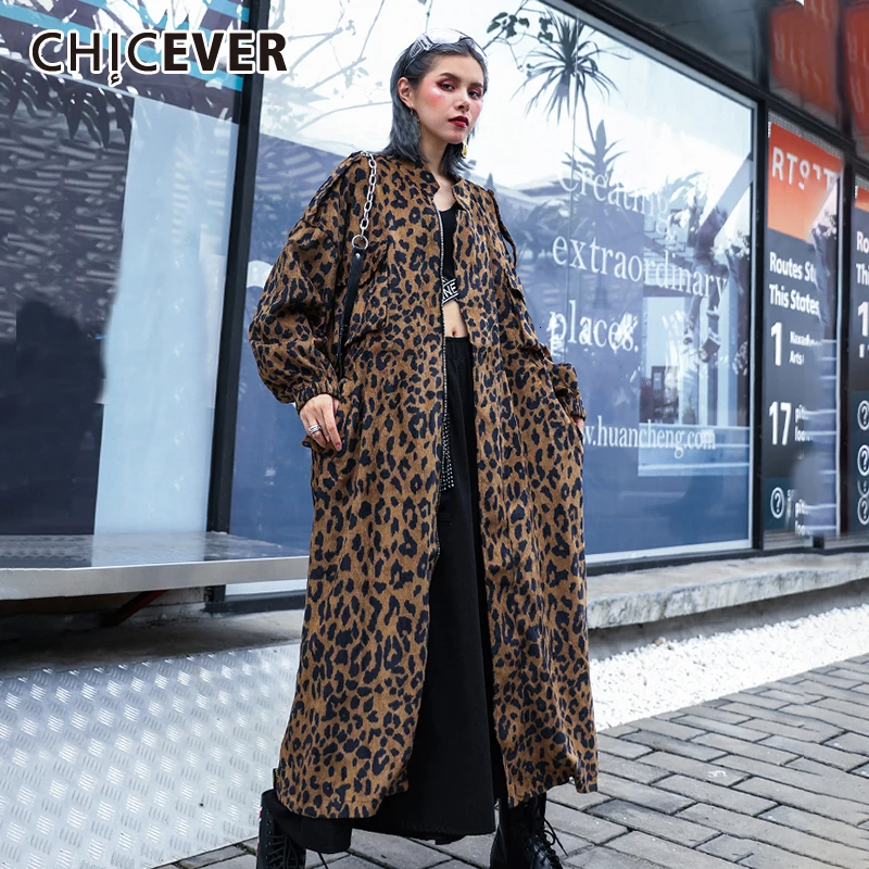 CHICEVER/винтажная Женская ветровка с леопардовым принтом; воротник с лацканами; рукав-фонарик; Высокая талия; рисунок; длинное пальто оверсайз; Новинка года