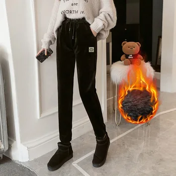 

DONAMOL Plus Size Winter Trousers For Women Warm Thick Sweatpants Black Drawstring Waist Double faced Fleece Harem Pant Joggers