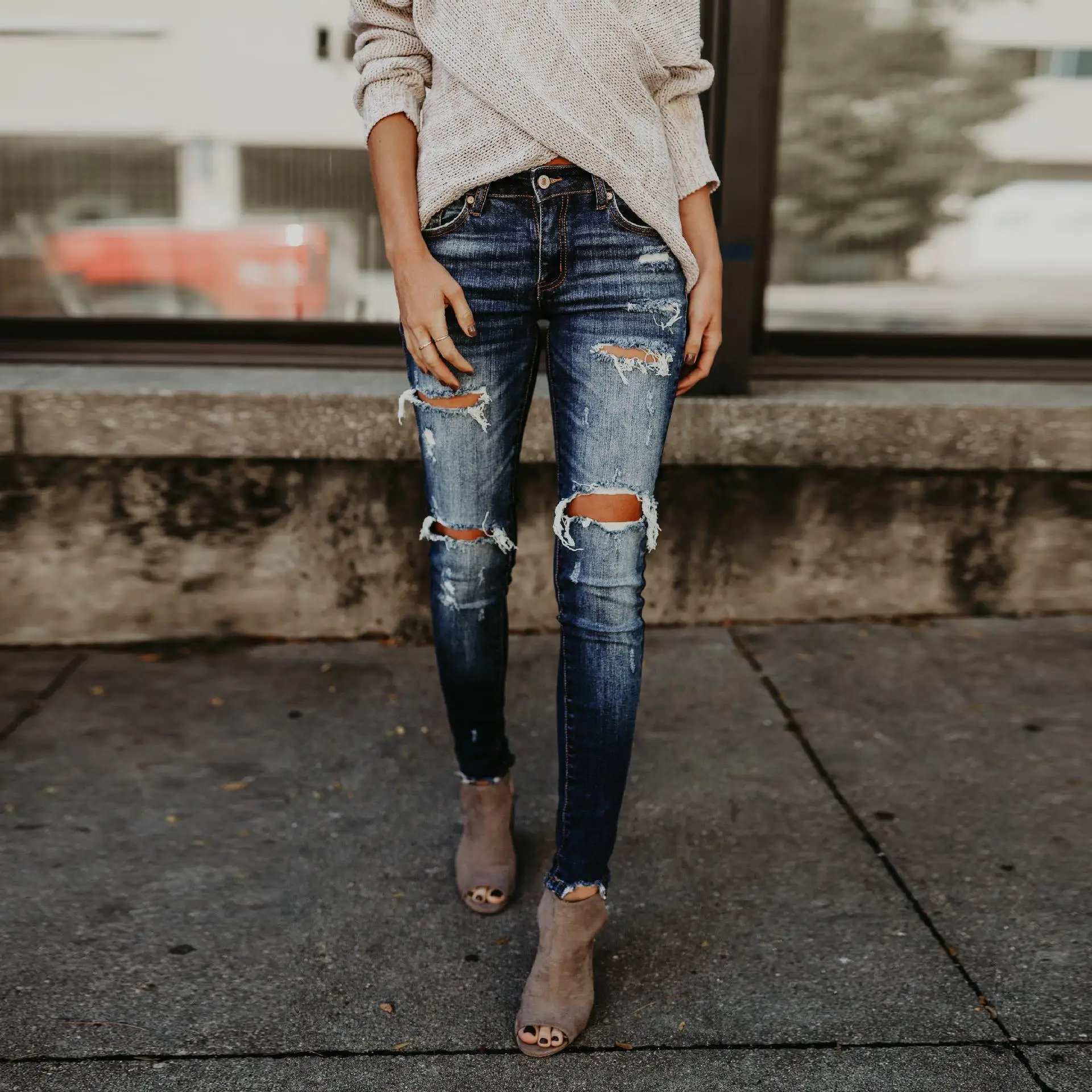 Dark blue Модные рваные, Стретч Джинсы Для женщин Повседневное темно-синий Bleach Wash Distressed карандаш узкие брюки-СКИННИ ДЖИНСЫ - Цвет: Dark blue
