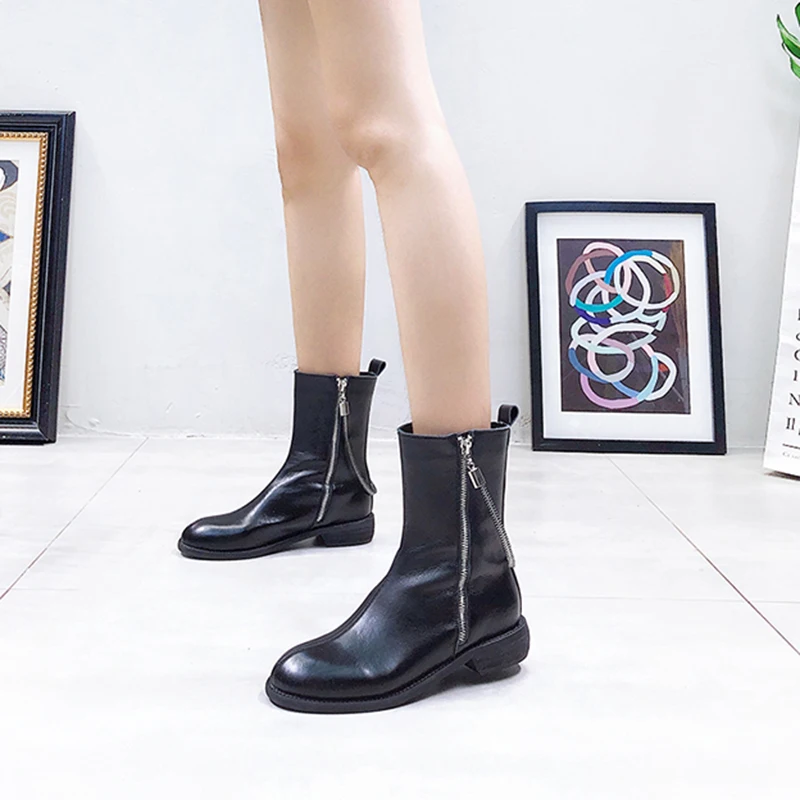 

Leather Mid-Calf Boots For Women 2019 Spring Autumn Fashion Zip Solid Color Woman Boots Rubber Sole Ladies Boot Autumn Shoes