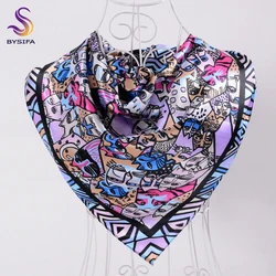 Elegant Navy Blue Silk Scarf with Chinese Rose Design - Large Square Ladies' Fashion Accessory (Cartoon cat grey)