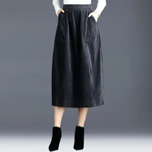 Женская модная свободная Вельветовая юбка средней длины, Женская Повседневная плиссированная Однотонная юбка с карманами