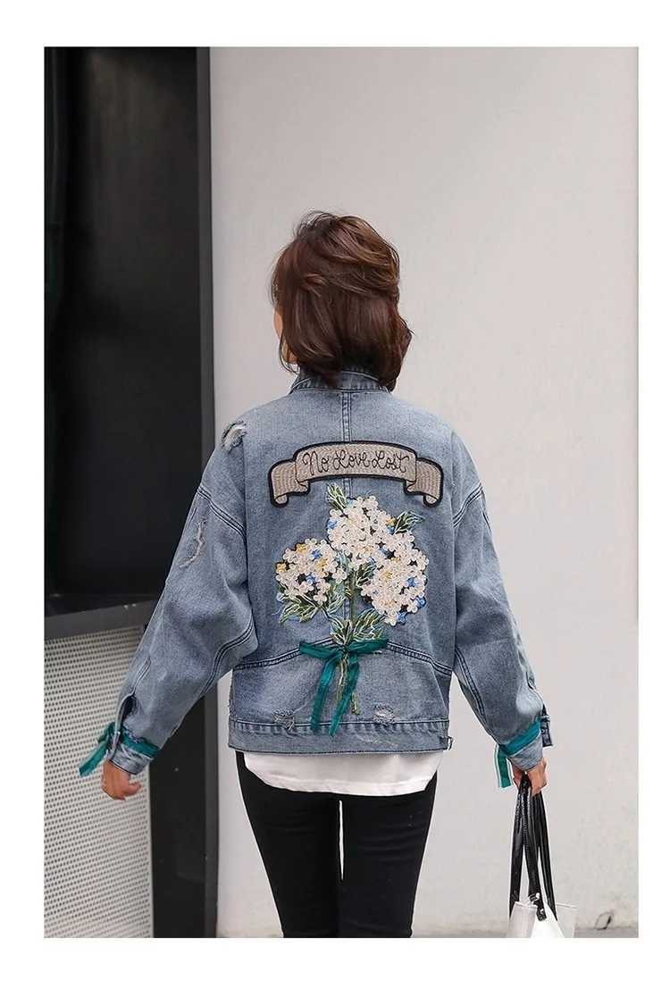 

Women spring Floral embroidered Denim Jacket flower denim Jeans Jackets coat