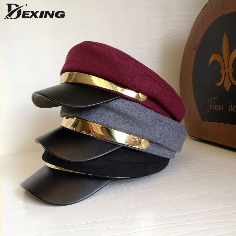 

Autumn Winter Chain Metal Military Hat for Women Woolen Berets Flat Army Cap Ladies Salior Hat Black Travel Painters Cap