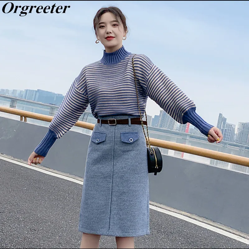 

Fashion Suit Female 2019 Fall Winter Patchwork Turtleneck Striped Sweater and High Waist Slit Pencil Skirt Two Piece Set
