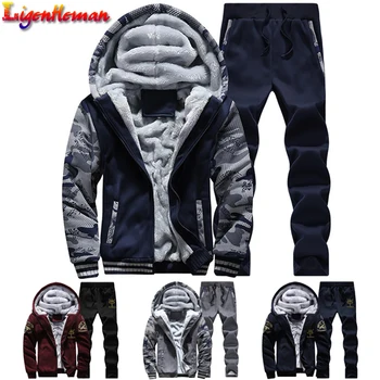 

Male Warm Fur Inside Hoodie Sporting Suits Tracksuit Men Sporting Fleece Thick Hooded Suit Men Jacket+Pant Winter Sweatshirt