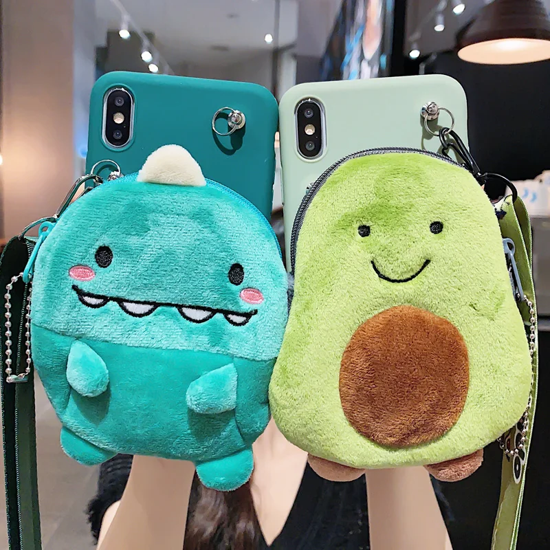 

For iphone XS max XR X Avocado Pouch Case Cute dinosaur wallet Shell kids gift for iphone 8plus 7P 6P 7 6S bag + shoulder strap