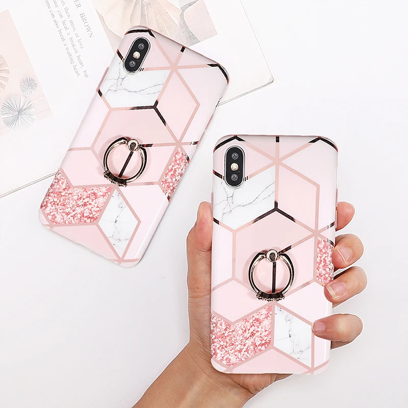 

LOVECOM Plating Geometric Phone Case For iPhone XR XS Max 6 6S 7 8 Plus X Soft IMD Luxury Marble Phone Back Cover Finger Ring