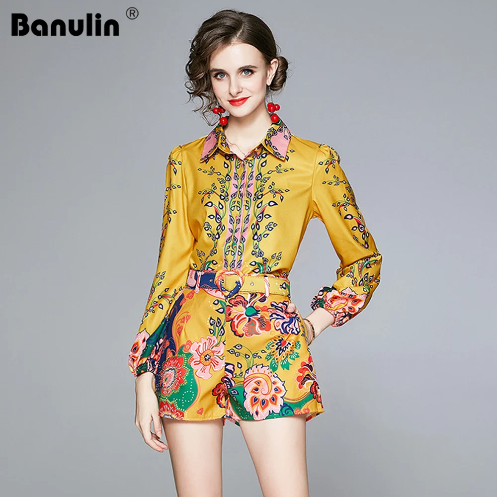 

Banulin Runway Two Piece Short Set for Women Puff Sleeve Floral Print Blouse Tops + Mini Short Women Clothes 2020 Two Piece