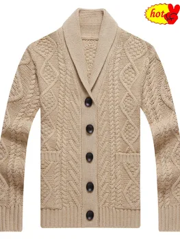 

V Winter Men's Neck Knitted Sweater Coat Smart Casual Fashion Loose Twist Cardigan Warm Heavy Wool Male Sweaters for Autumn