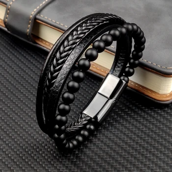 MingAo Fine Stainless Steel Jewelry Multi-Layered Men’s Black Leather Beaded Bracelet High Quality Magnet Clasp Christmas Gift