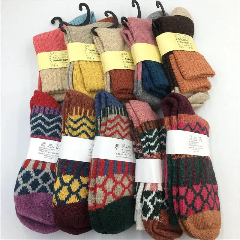 5 пар = 10 шт. осень зима вязание толстые теплые женские шерстяные носки Винтаж Хлопок красочные рождественские носки для женщин подарок склад