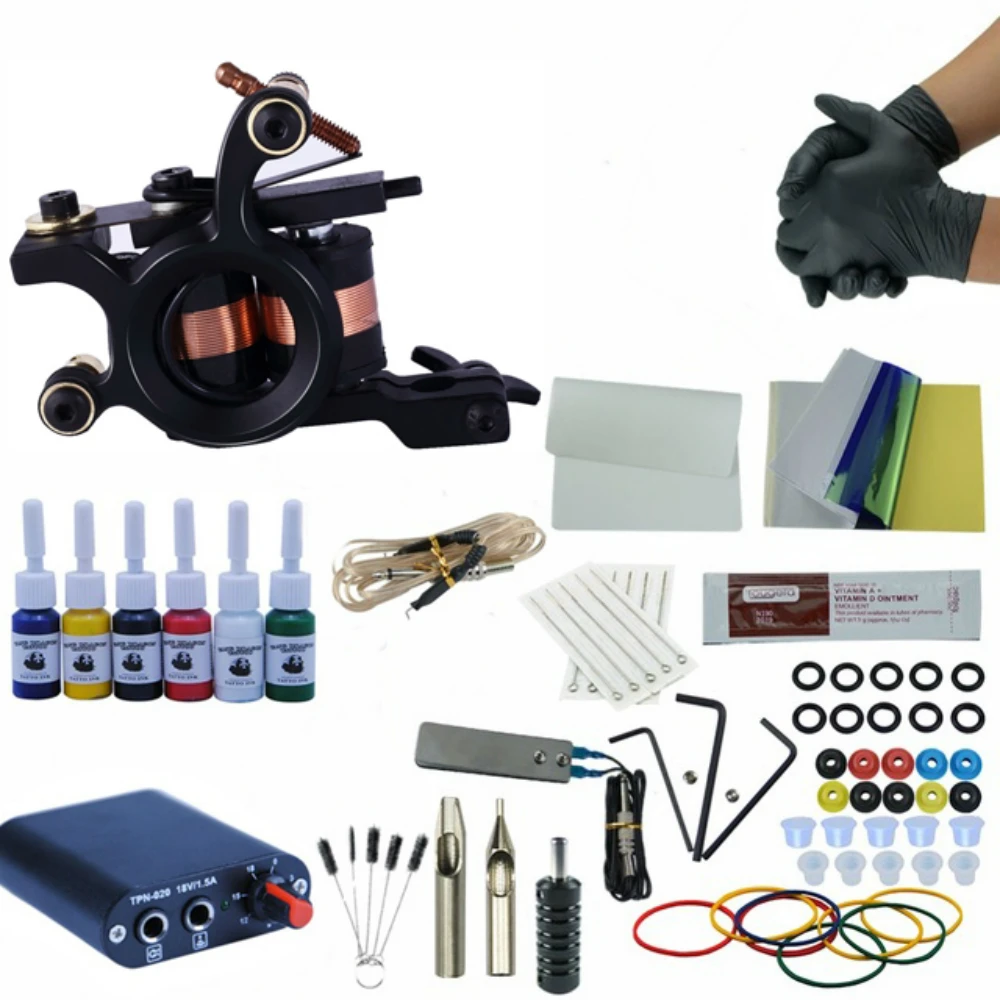

Tattoo Machine Kit Single Machine Gun Supply Power 6 Colors Inks Pigment Needles Tattoo Accessories For Starter Tattoo Set
