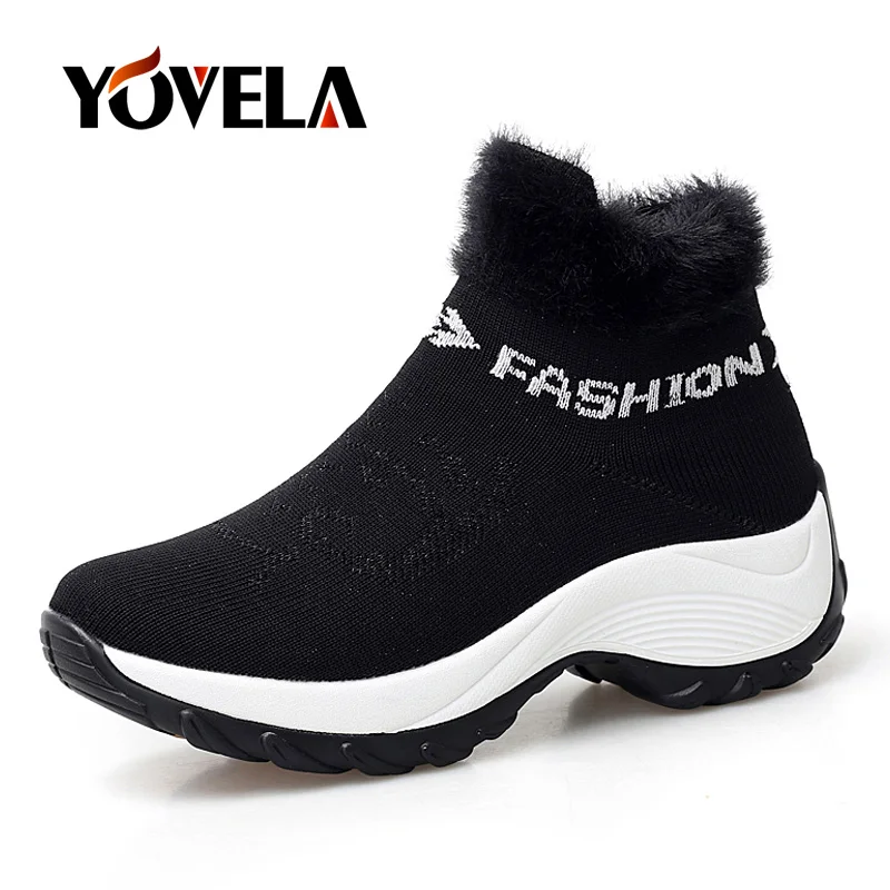 

Fashion Winter Women Boots Women Warm Fur Sock Boots Shoes Platform Wedges Slip-on Snow Boots Winter Warm Plush Ankle Sexy Boots