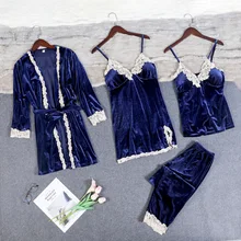 Теплые зимние пижамы, наборы, золотой бархат, 4 штуки, женский сексуальный кружевной халат, пижама, комплект одежды для сна без рукавов, одежда для сна