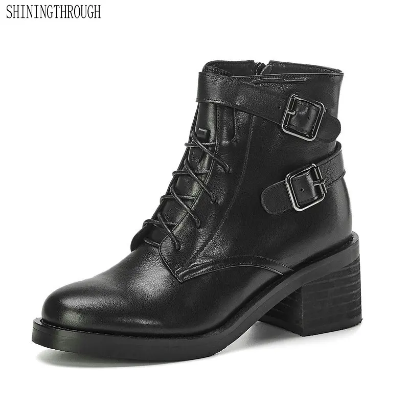 

2019 Boots Women Genuine Leather Ankle Boots Fashion Chelsea thick high Heels Black Autumn lace up Shoes Woman size 41 42 43