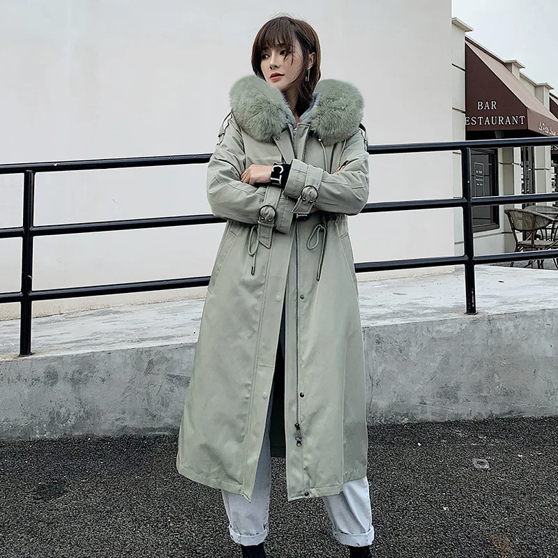 New Arrival Modern Rex Rabbit Liner Fox Fur Collar Coat Korean Edition Warm Thickening Long Section Outwear Winter Woman Coat