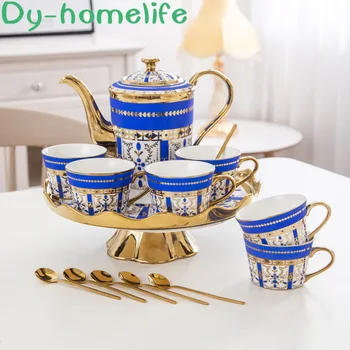 

Ceramic Coffee Tea Set Nordic Drawing Gold Bone Porcelain Coffee Pot Cup Rotatable Tray Set Home British Afternoon Tea Set