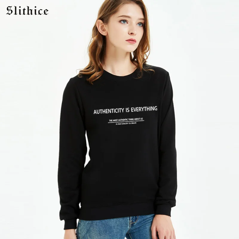 

Slithice authenticity is everything Funny Letter Printed Hoodies Black Long sleeve Women Clothes Streatwear hoody