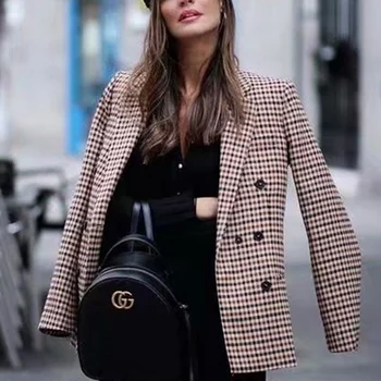

Women Blazer Retro Plaid Double-breasted Blazers Suit with Shoulder Pads Jacket Office OL Autumn Women Blazers and Jacket