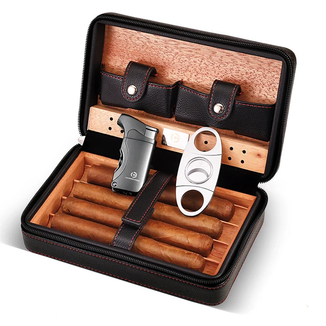 Cigar Travel Case Cutter Lighter  Cigar Leather Case Cutter - Luxury  Leather Box - Aliexpress