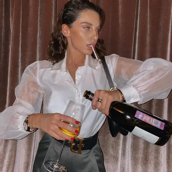 

Artsu 2020 Transparent Sleeve Mesh Blouse Women Elegant Puff Sleeve Patchwork Black White Blouse Shirt Tops Ladies ASBL60797