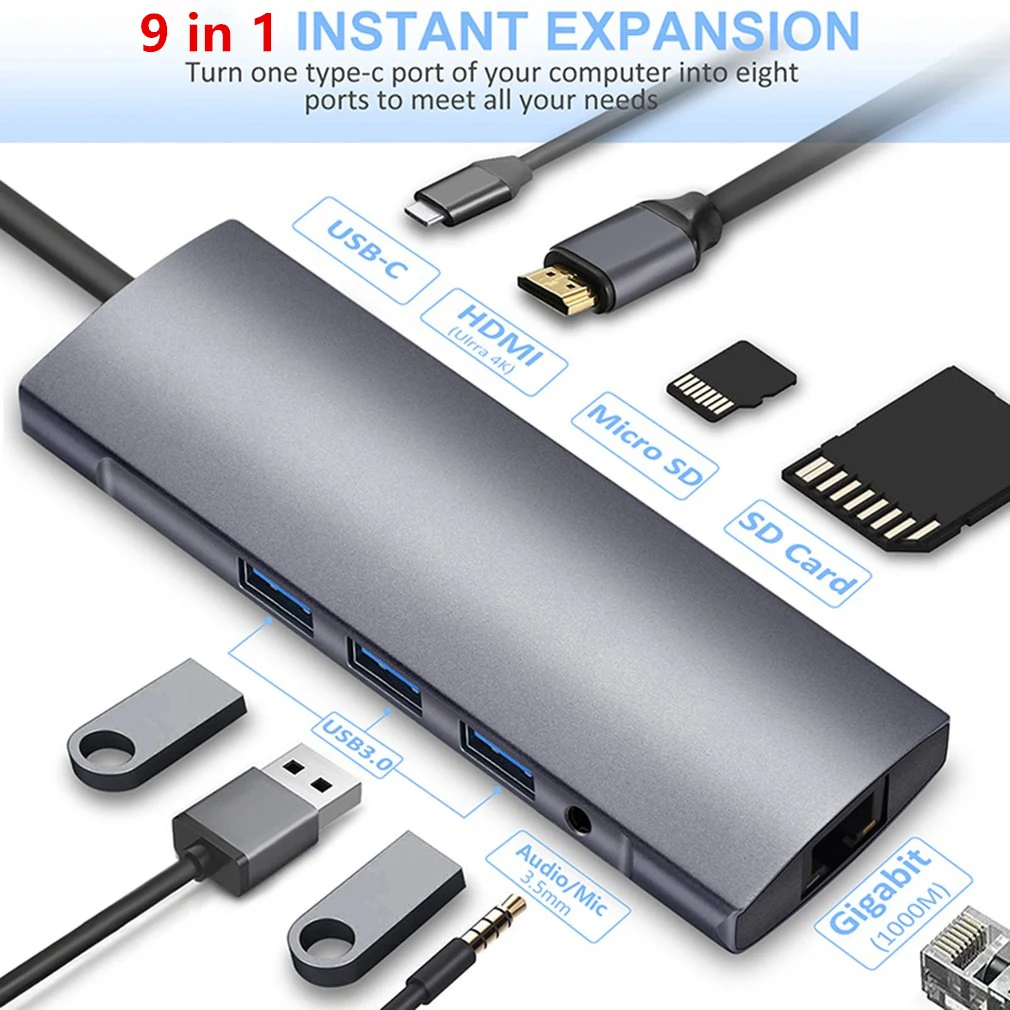 

9 in1 Type-C To HDMI RJ45 3USB3.0 TF SD AUDIO PD Multifunctional Hub For Adapter Gray Home Media Accessories