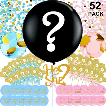 

52 pcs Gender reveal Party Decoration kit Cloth style Cake toppers 36" Black Giant Balloon Team Boy Girl Vote Stickers She or He