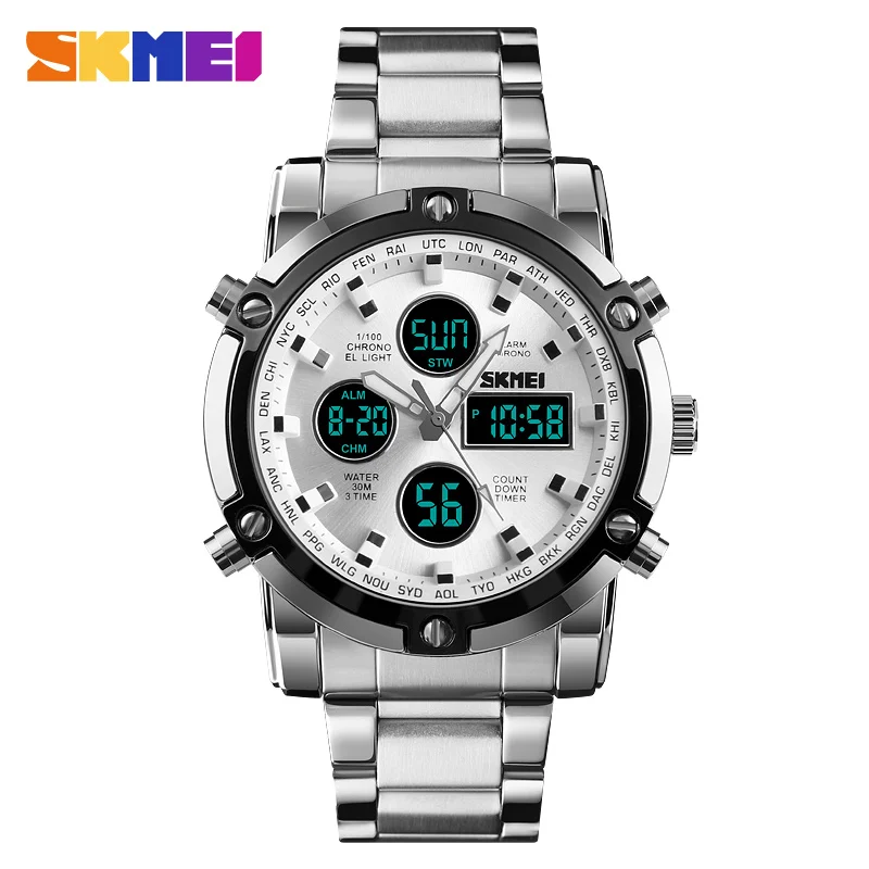 Fashion Men's Wristwatch SKMEI Watch Sport Digital Bracelet 3 Time Countdown Mens Clock Stainless Steel Watches  Male Business 