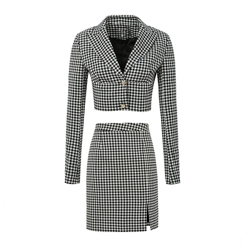 ECRURANI Gingham Sexy Skirt Suit For Women Notched Long Sleeve Short Blazers High Waist Skirts Female Casual Colorblock Set 2021