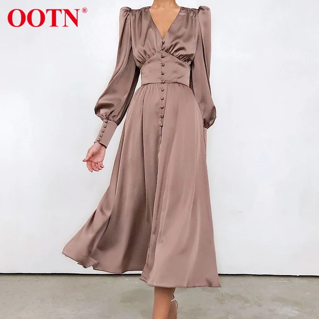 OOTN Beige Single Breasted Sexy Dress Party Clud High Waist Satin Long Dress Elegant V Neck Women Midi Dresses Lantern Sleeve 3