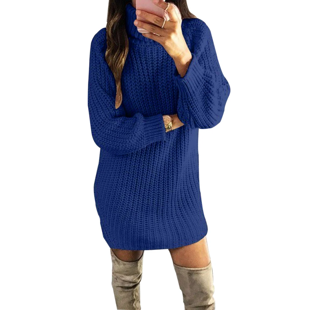 HEFLASHOR трикотажное платье-свитер женский однотонный осенний пуловер с высоким воротом повседневные джемперы с длинными рукавами ropa mujer Vestidos - Цвет: Dark Blue