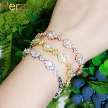 

Pera Classic Sparkling CZ Crystal Gold Color Water Drop Link Chain Bracelets Bangle for Bridal Wedding Jewelry Accessories B193