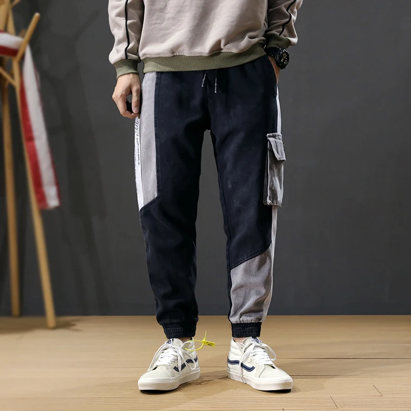 Promo Fashion Streetwear Men Jeans Green Loose Fit Spliced Designer Big Pocket Cargo Pants Harem Trousers Hip Hop Jeans Men Joggers