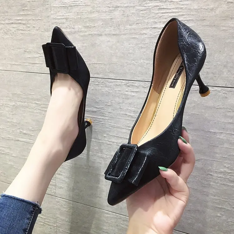 

2019 Spring New Style Square Buckle 6 Cm Man-made Diamond Low-Cut Cat with Thin Heeled Pointed-Toe High Heel Shoes Shoes Women's