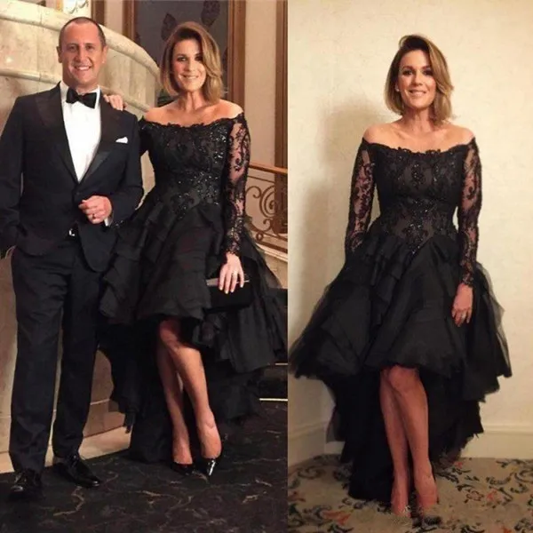Zwarte Moeder Van Bruid Jurken Off Shoulder Lange Mouwen Hoge Lage Kant Geappliceerd Bruiloft Gast Jurken Avondjurken Zwarte Moeder Van Bruid Jurken Off Shoulder Lange Mouwen Hoge Lage Kant Geappliceerd Bruiloft Gast Jurken Avondjurken