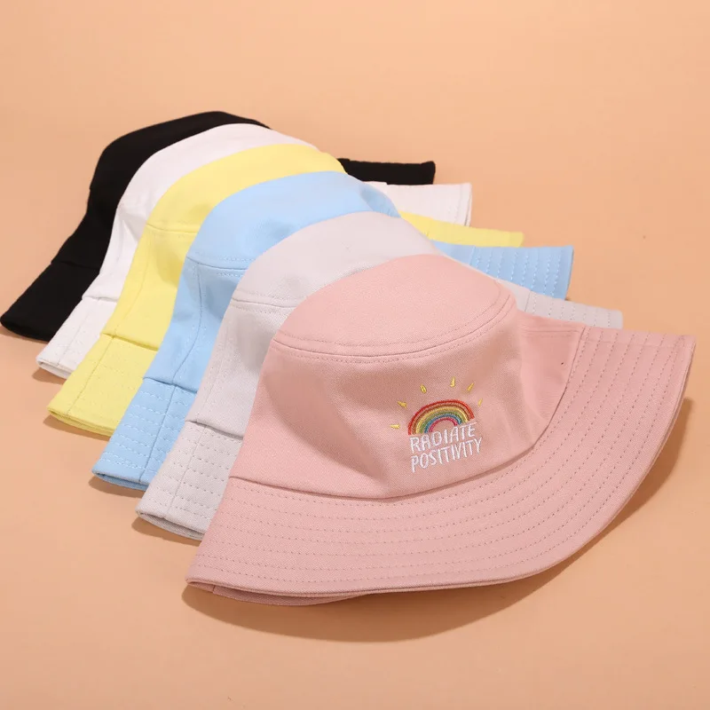 Women Rainbow Embroidery Bucket Hat Men Panama White Black Fishing Sun Hats Summer Vintage Ladies Unisex Street Hip Hop Cap