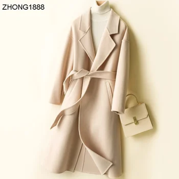 

100% Wool 2020 New spring beige wool coat for women medium long slim double faced woolen coat women's woolen coat belt cashmere