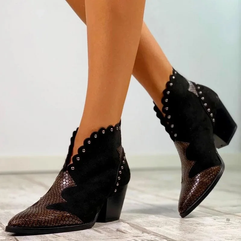

2019 Female Autumn Winter Lace PU Leather Cowboy Ankle Boots Women Wedge High Heel Booties Snake Print Western Cowgirl Boot