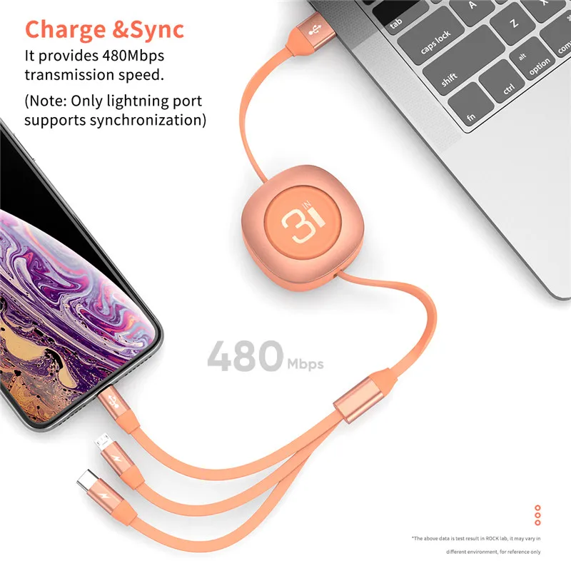 ROCK 3 в 1 Выдвижной зарядный кабель для iPhone samsung huawei Xiaomi Регулируемый Micro usb type C портативный кабель передачи данных телефона