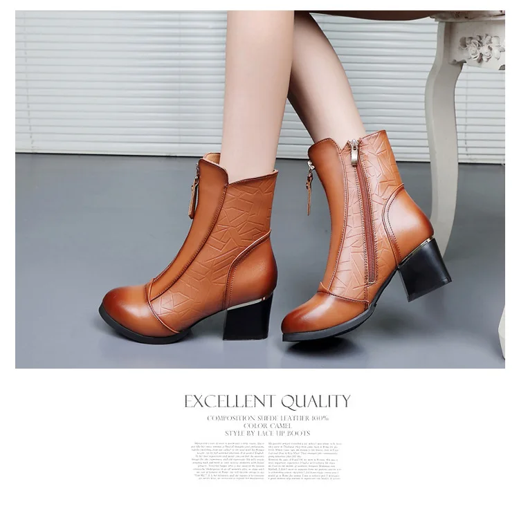 SWONCO Really Leather Boots Women Block Heel Winter Shoes Lady Sexy OL Black Ankle Snow Boots Front Zipper Fashion Shoes