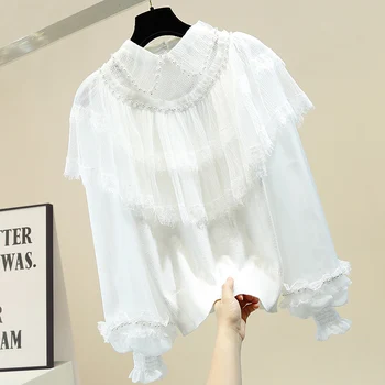 

Sweet White Lace Knitted Blouse Woman Doll Collar Beaded Knitted Shirt Puff Sleeves Blouse Ladies Temperament Blouses Tops Black
