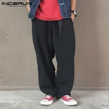 

INCERUN Men Wide Leg Pants Cotton Plain Streetwear Belt Baggy Joggers Casual Pants Vintage Long Trousers Men Harajuku Plus Size