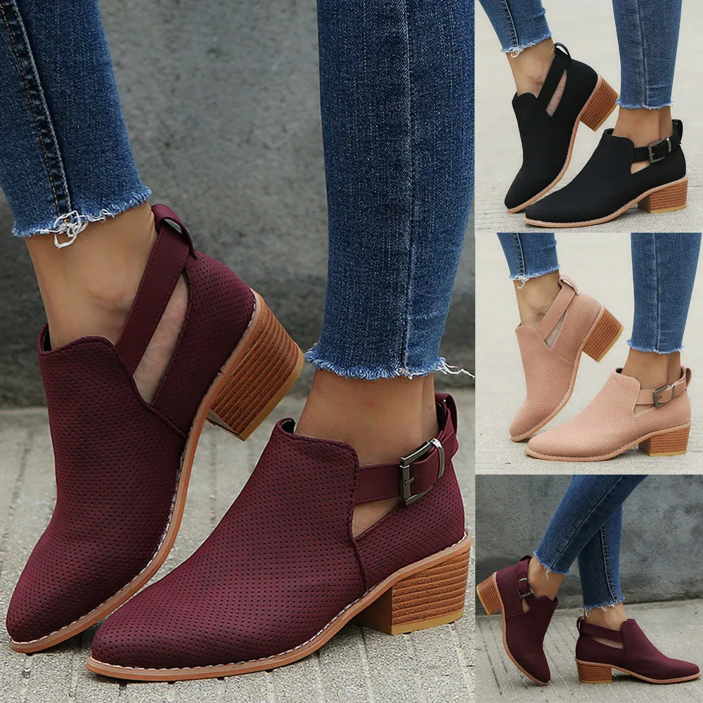 

2019 Perforated Winter Women Boots Pointed Toe Ankle Booties Block Heel Buckle Strap Autumn Shoes Woman