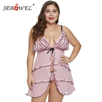 

SEBOWEL Plus Size Sheer Satin Ruffled Mesh Pink Lingerie Babydoll Set with Thong Panty Female Large Size Sexy Nightdress XL-5XL