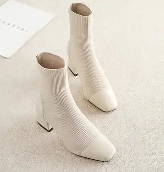 

2019 autumn wool mouth short boots knit elastic socks boots thick with thin boots high heel single boots