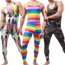 Sexy Print Bodysuits Mens One Piece Jumpsuit Rainbow Clothes Erotic Lingerie Gay High Waist Wrestling Jumpsuit Men's Underwear